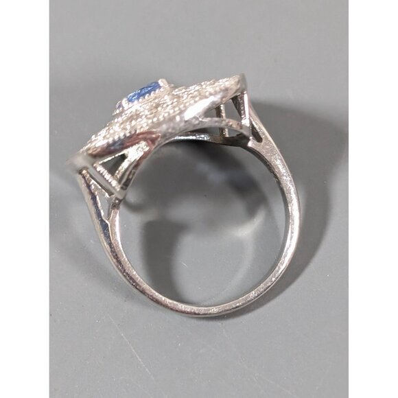Edwardian Style Blue Rhinestone Square Pave Cocktail Ring Size 9 Statement Silve - Picture 3 of 10
